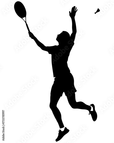 Dynamic Badminton Player Silhouette Jump Smash Action with Racket and Shuttlecock Isolated.