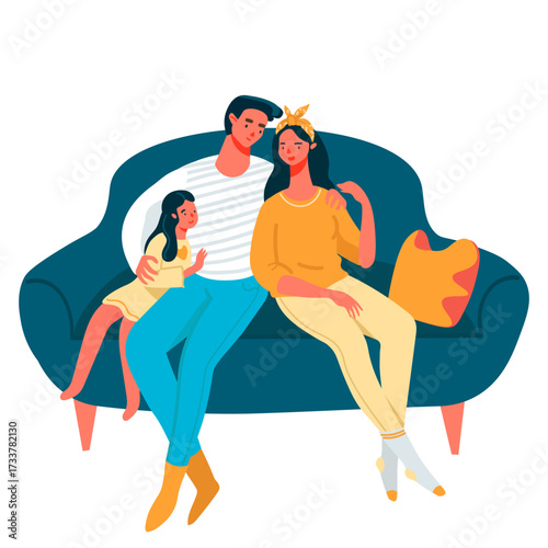 Family sitting on a sofa together, resting. Togetherness, leisure time. Vector cartoon flat style illustration isolated on transparent background.
