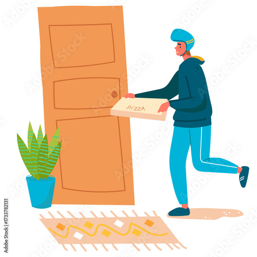 A delivery man is standing in front of a door while holding a box of pizza. Doorstep fast delivery. Trendy vector isolated on transparent background