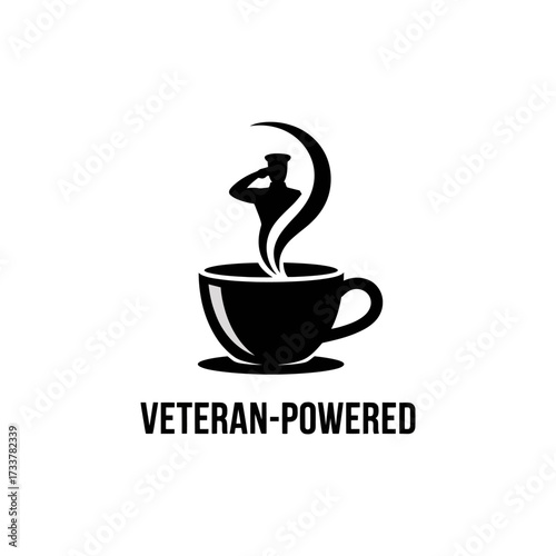 Veteran powered beverage logo, black cup with steam figure, minimalist monochrome style, patriotic coffee shop branding vector