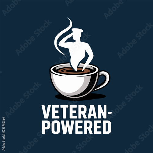 Veteran powered coffee concept, steaming cup silhouette soldier, navy background, motivational caffeine design, supportive military community vector