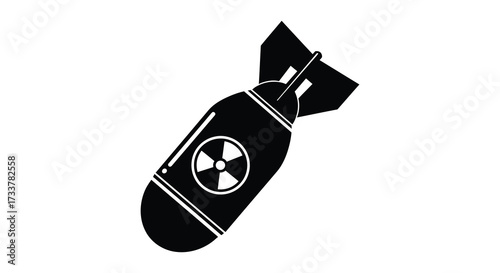 Simple black and white illustration of a bomb with a radiation symbol