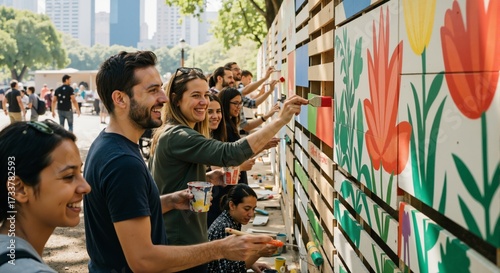 A diverse group of volunteers painting a community mural outdoors. Happy people working together on a public art project. Teamwork and social responsibility concept