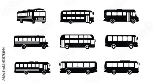 Collection of simple black and white bus silhouettes in various styles