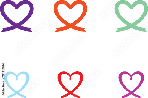 A delightful collection of six vibrant heart illustrations, each creatively formed from a flowing ribbon, symbolizing love, care, and unity, perfect for various design applications