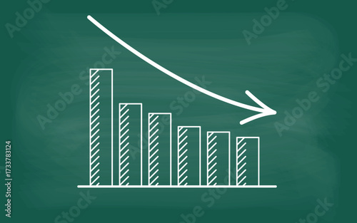 Decreasing graph with an arrow indicating a negative trend. Chalk graph on a green chalkboard. Vector illustration