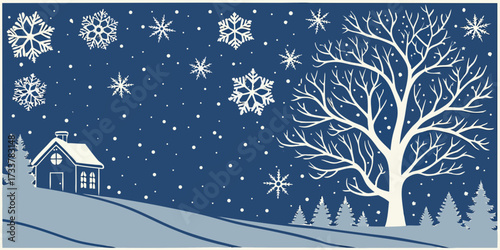 Snowflakes falling over snow covered landscape on Christmas night