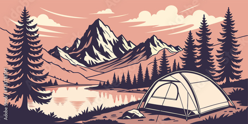 Vector design showing a tent near a clear mountain lake with reflections of peaks, pink-orange sunset sky, evergreen forest surrounding the water, calm and serene mood, flat geometric shapes, no peopl