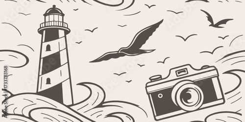 Seagull flying over ocean waves near a lighthouse and camera