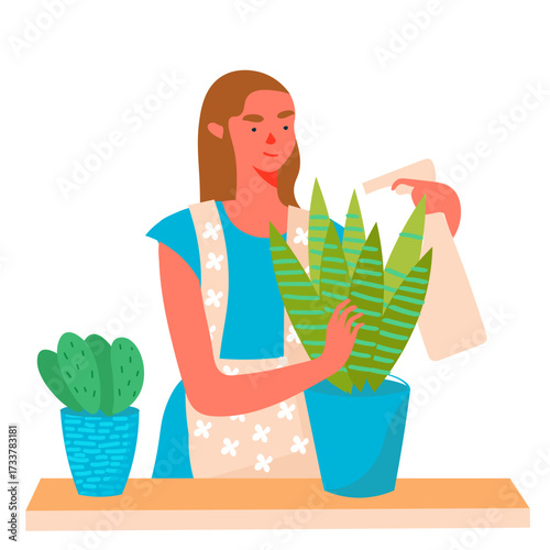 A Woman diligently nurturing her beautiful indoor plants in a bright and inviting workshop. Trendy vector isolated on transparent background