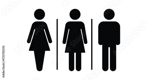 Simple black silhouettes of a woman and two men standing side by side