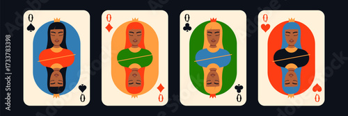 Queen of Cards Set with Diverse Black Faces. Modern Playing Card. Flat Vector Illustration.