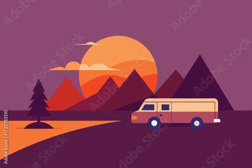 Illustrated Van on Road with Sunset Behind Mountains and Tree in Retro Style