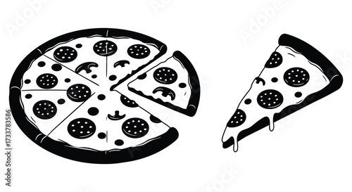 Black and white illustration of a pepperoni pizza with a slice removed