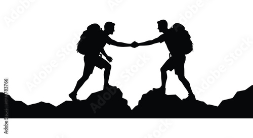Silhouettes of two hikers reaching out to shake hands on a ridge