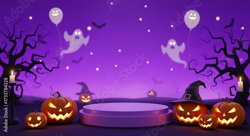 Spooky halloween scene with jackolanterns, ghosts, and bare trees