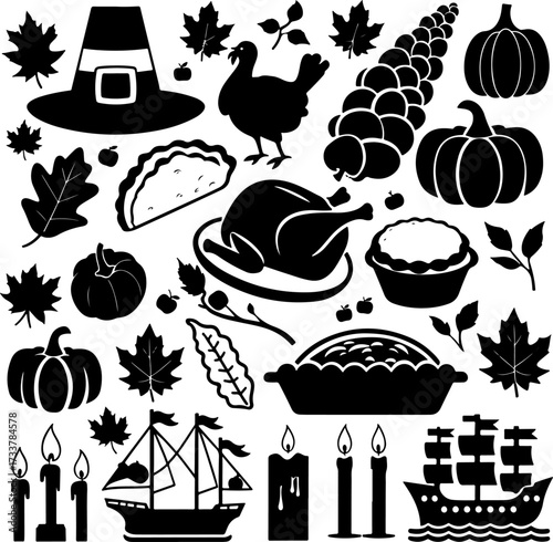 Thanksgiving Harvest and Holiday Icon Silhouettes Set