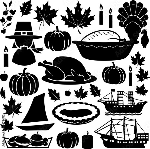 Thanksgiving Harvest and Holiday Icon Silhouettes Set