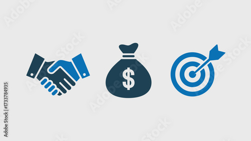 Business icon set handshake money bag and target simple flat vector design element for web and mobile apps isolated on white background
