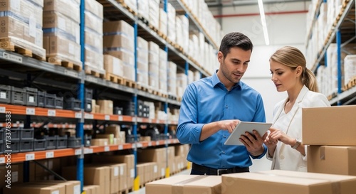Two workers man and woman communication with tablet near box items working in warehouse. Inventory management and order fulfillment. Technology and efficient logistics operation on work in storage