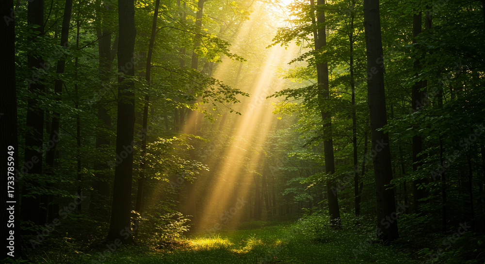 Obraz premium Morning Sunbeams in a Green Forest Path