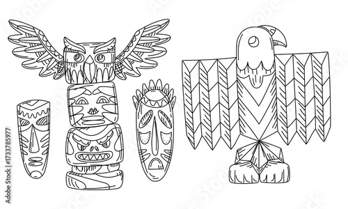 Collection of doodle-style elements and Native American cultural objects. Wooden masks, animal totems, and full-size birds. Cultic and esoteric elements. Black doodle on white. American Indians