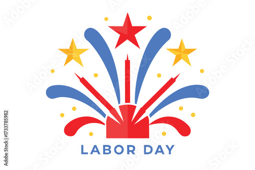 Labor Day Celebration Design with Red, Blue, and Yellow Fireworks and Stars on White
