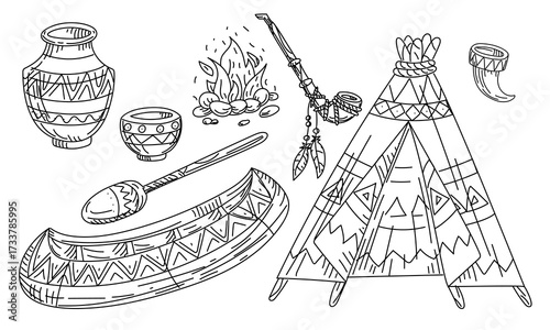 Collection of doodle elements and Native American cultural items. Wooden canoes, utensils, pipe, bone bowl, and teepee. The items are decorated with drawings. Black doodle on white. American Indians