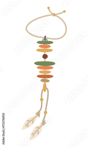 Flat bead and feather jewelry, Indian motif, colored flat illustration. Necklace of stone beads one after the other, spiritual symbol. Part of an Indian costume. Nomadic lifestyle. American Indians