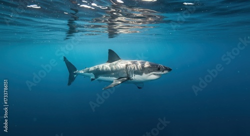 Wallpaper Mural Great White Shark Swimming in a Sunlit Blue Ocean Torontodigital.ca