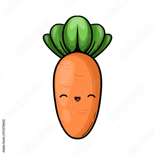Cut funny carrot character. Kawaii vegetable with face, smile and eyes. Funky smiling vector illustration for kids design, sticker, print.