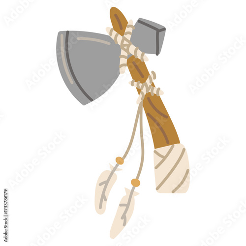Tomahawk, axe decorated with Indian drawings, feathers, colored flat illustration. Item for hunting wild animals, construction, everyday life. Isolated. Historical weapon. Nomadic. American Indians