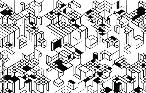 Black and White Isometric Geometric Line Art Abstract Background vector illustration