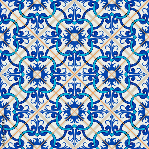 Gorgeous seamless pattern from dark blue and white Moroccan, Portuguese tiles, Azulejo, ornaments. Can be used for wallpaper, pattern fills, web page background,surface textures.