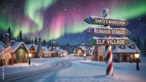 Magical Christmas village with Santa's workshop signpost under northern lights.
