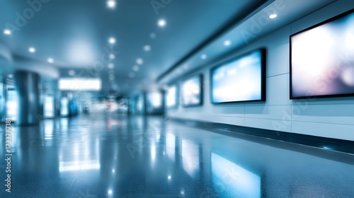 Fototapeta Naklejka Na Ścianę i Meble -  A modern blue toned interior corridor with illuminated digital screens and a polished reflective floor