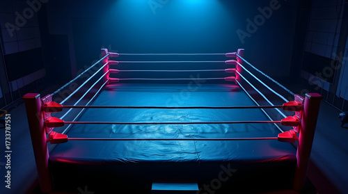 Empty wrestling ring under blue and red spotlights