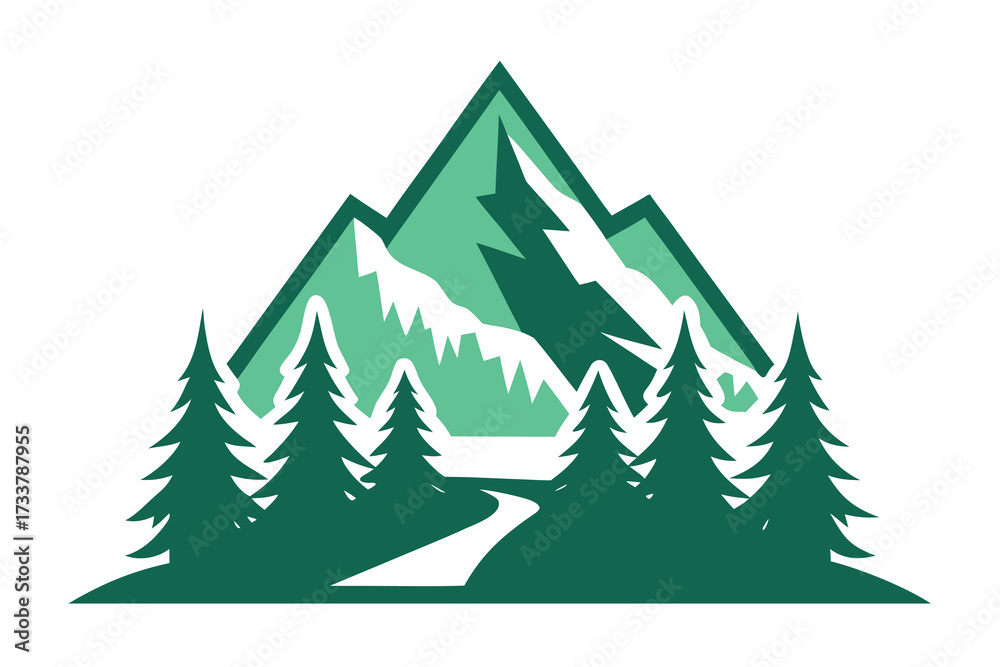 Obraz premium Mountain Vista with Pine Trees and Trail Illustration in Shades of Green