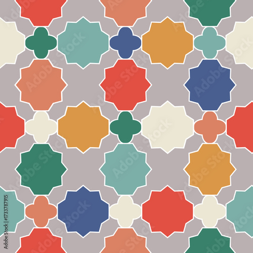 Cartoon bright simple arabic style vector background for decoration. Modern stylish texture seamless pattern for paper, package, wrap, card, banner