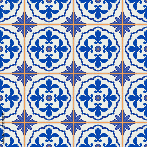 Gorgeous seamless pattern from dark blue and white Moroccan, Portuguese tiles, Azulejo, ornaments. Can be used for wallpaper, pattern fills, web page background,surface textures.