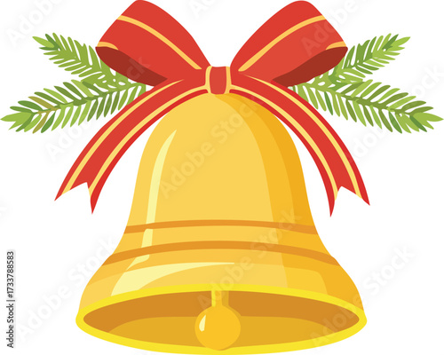 A golden Christmas bell adorned with a red ribbon and green pine branches, symbolizing the festive holiday season.