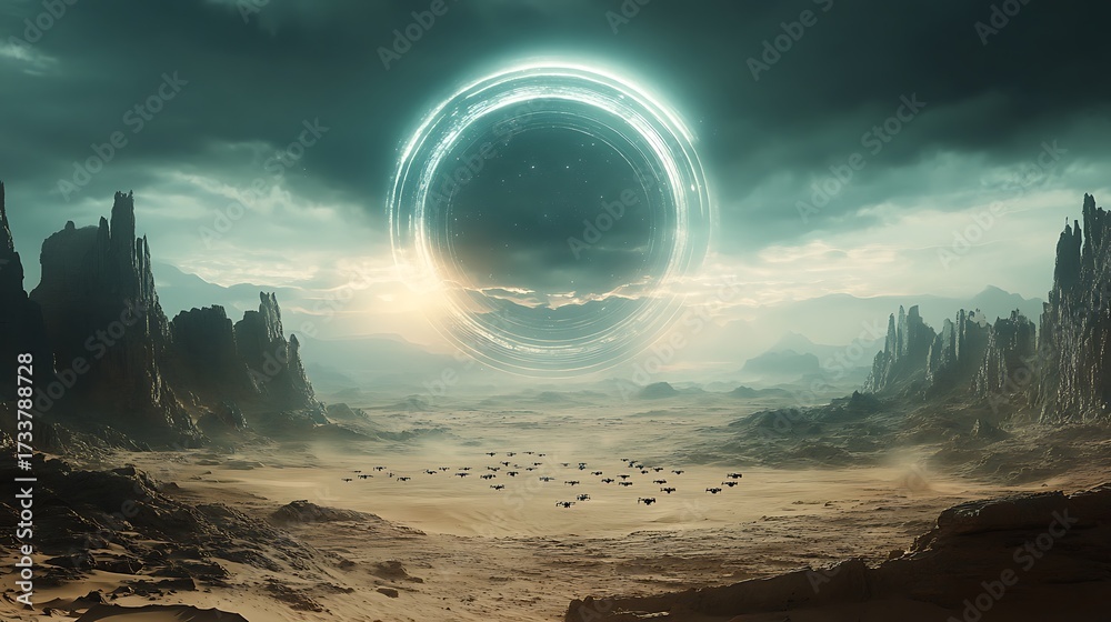 Fototapeta premium Surreal vista of a desert planet with a celestial anomaly dominating the skyline