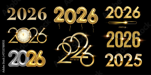 2026 Happy New Year greeting cards set. Gold glowing numbers 2026 with light effects on black. Luxury festive sparkle holiday postcard, invitation, banner, poster. Vector illustration.