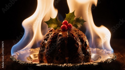 Traditional Christmas pudding flambéed with festive holly and berries on a dark background.