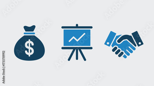 Business and finance icon set vector illustration in flat design representing investment growth chart and partnership