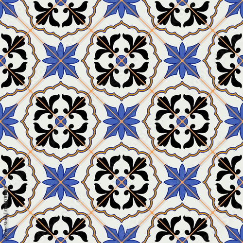 Gorgeous seamless pattern from dark blue and white Moroccan, Portuguese tiles, Azulejo, ornaments. Can be used for wallpaper, pattern fills, web page background,surface textures.