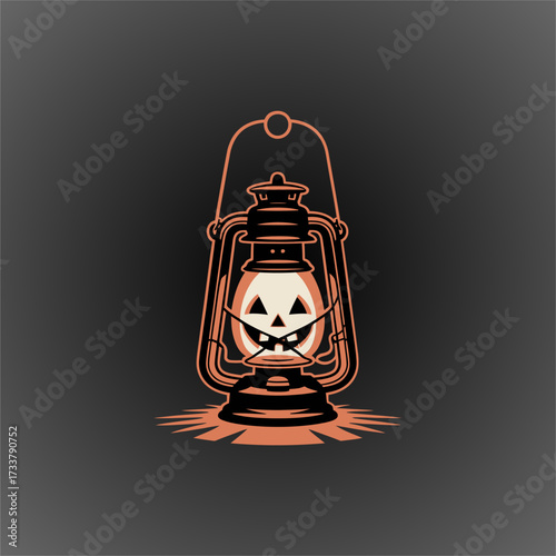 antique lantern illustration, carved pumpkin face lighting, eerie campsite mood, rustic halloween prop, warm seasonal vector design