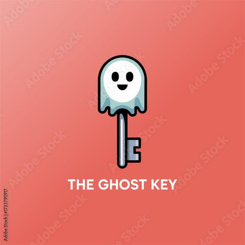 ghost key illustration, smiling specter handle, magical door access, whimsical locksmith branding, pastel gradient backdrop, vector