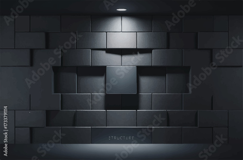 Dark textured wall with recessed central block illuminated by spotlight blocks cubes