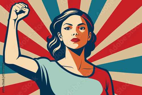 Retro Illustration Strong Woman with Raised Fist against a Radial Background in Red, White, and Blue